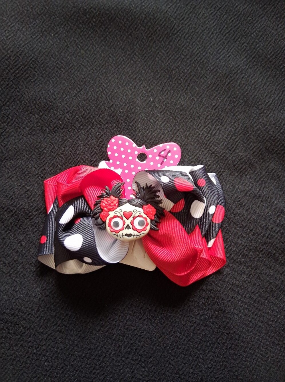 Kids Polka Dot Red & Black Hair Bow with Sugar Skull Accent